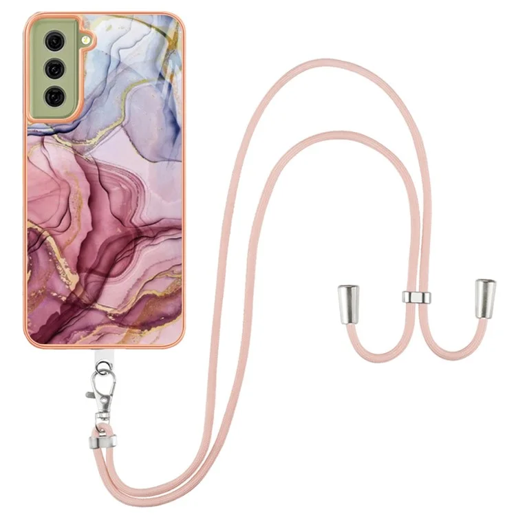 IMD Phone Case for Samsung Galaxy S21 FE 5G YB IMD Series-18 Style E 2.0mm TPU Electroplating Marble Pattern Cover with Lanyard - Rose Gold