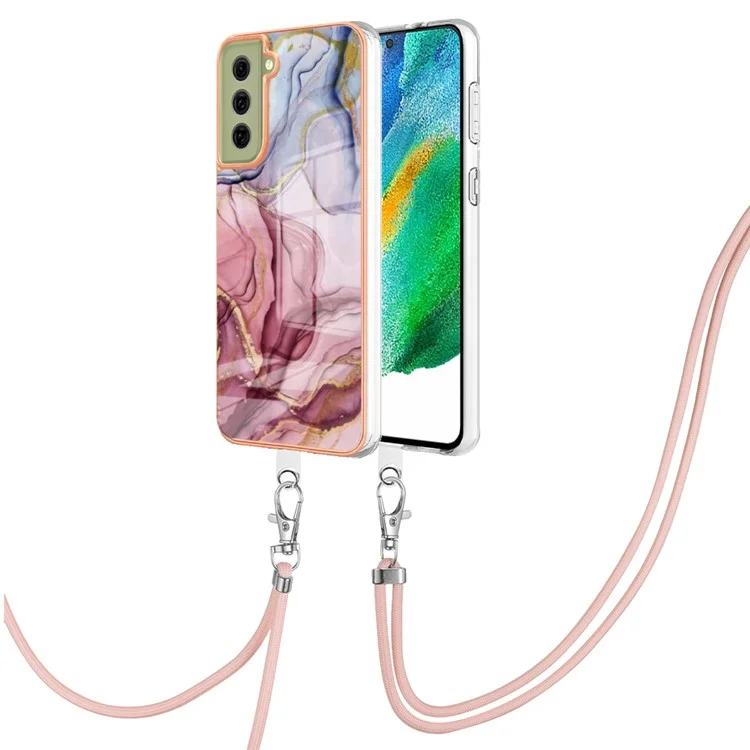IMD Phone Case for Samsung Galaxy S21 FE 5G YB IMD Series-18 Style E 2.0mm TPU Electroplating Marble Pattern Cover with Lanyard - Rose Gold