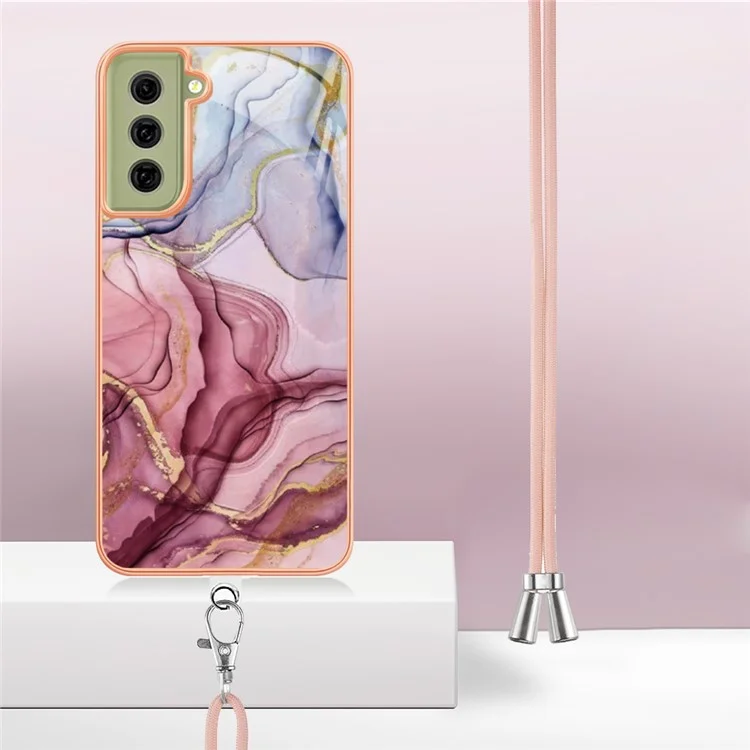 IMD Phone Case for Samsung Galaxy S21 FE 5G YB IMD Series-18 Style E 2.0mm TPU Electroplating Marble Pattern Cover with Lanyard - Rose Gold
