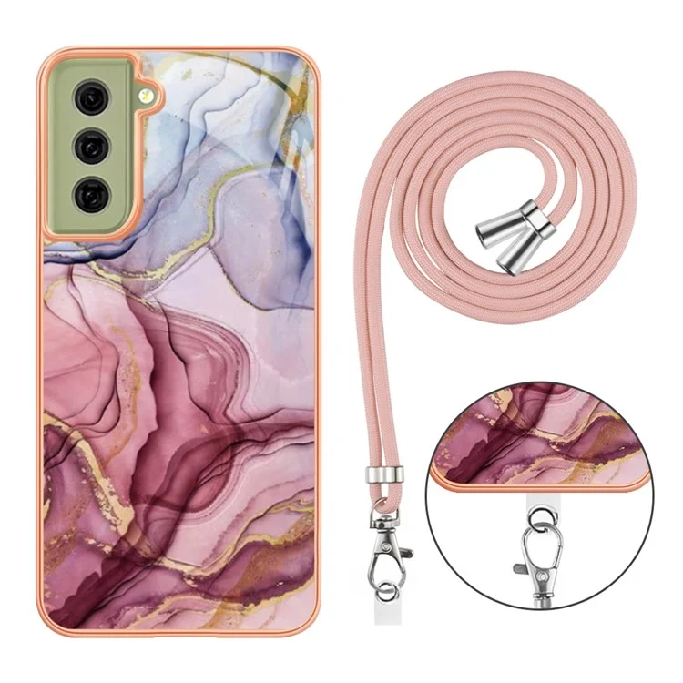 IMD Phone Case for Samsung Galaxy S21 FE 5G YB IMD Series-18 Style E 2.0mm TPU Electroplating Marble Pattern Cover with Lanyard - Rose Gold