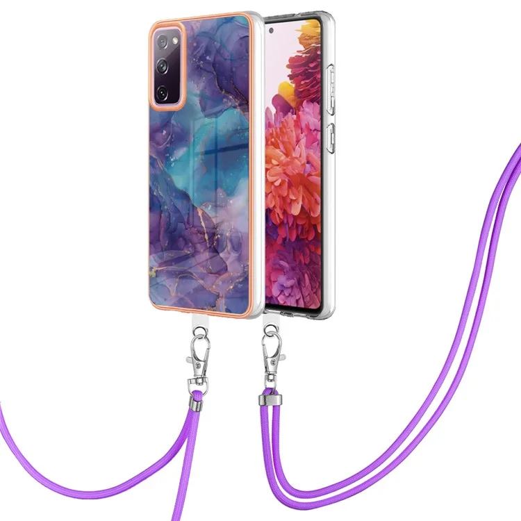 Para Samsung Galaxy S20 fe / fe 5G / FE 2022 / S20 Lite IMD Case YB IMD Series-18 Estilo E Patrón de Mármol de Electroplatación 2.0 mm TPU Telebra Con Lanyard - Púrpura