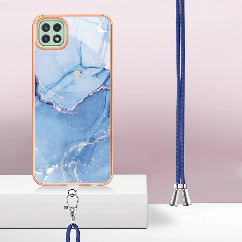 Pour Samsung Galaxy A22 5G (version Ue) YB IMD Series-18 Style E 2,0 mm Modèle de Marbre IMD TPU TPU Téléphone Couverture Électroplate Avec Longe - Bleu