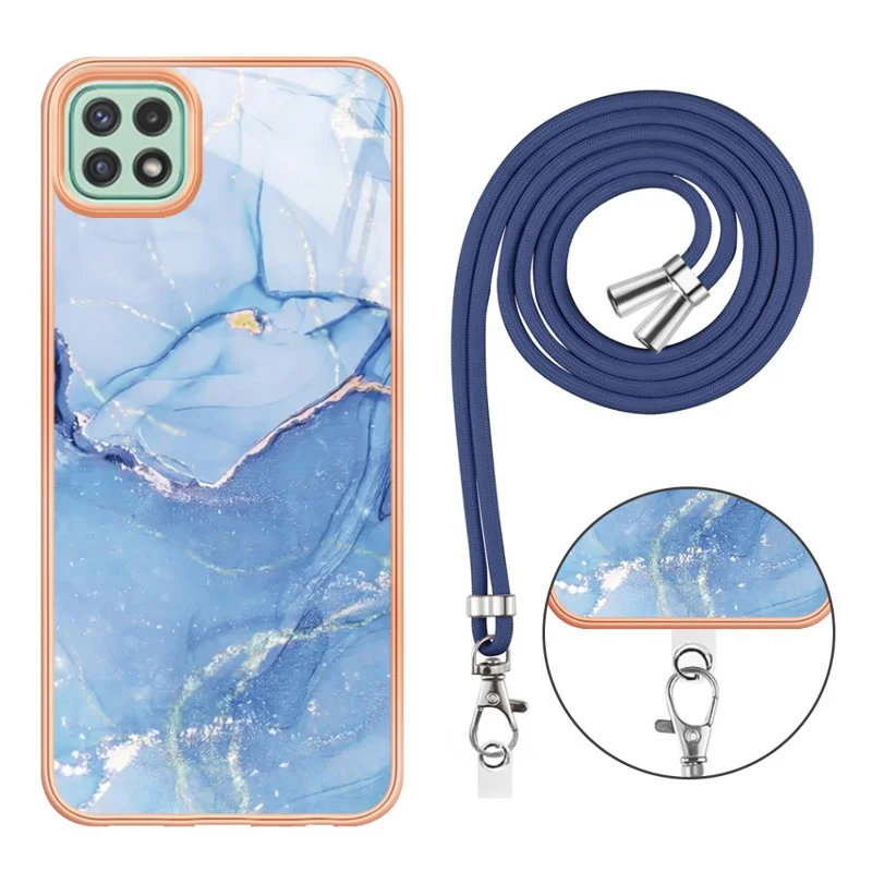 Pour Samsung Galaxy A22 5G (version Ue) YB IMD Series-18 Style E 2,0 mm Modèle de Marbre IMD TPU TPU Téléphone Couverture Électroplate Avec Longe - Bleu
