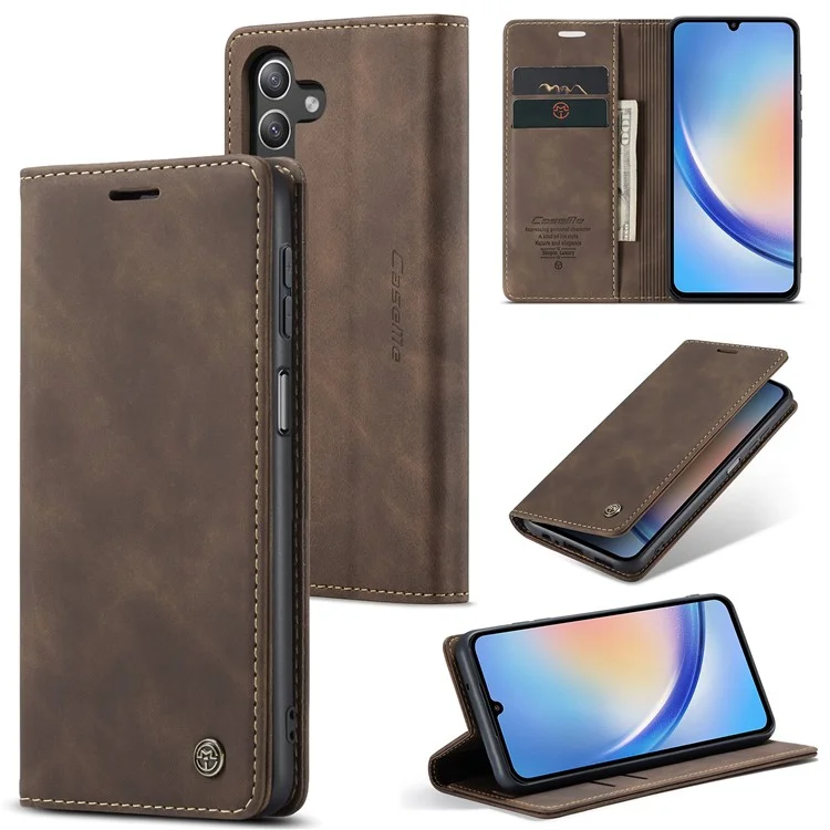 CASEME 013 Series Phone Shell for Samsung Galaxy A24 4G (162.1 x 77.6 x 8.3mm) PU Leather Case Wallet Stand Flip Cover - Coffee