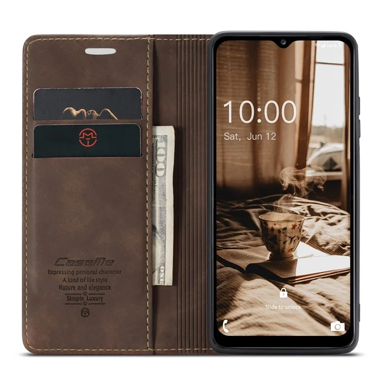 CASEME 013 Series Phone Shell for Samsung Galaxy A24 4G (162.1 x 77.6 x 8.3mm) PU Leather Case Wallet Stand Flip Cover - Coffee