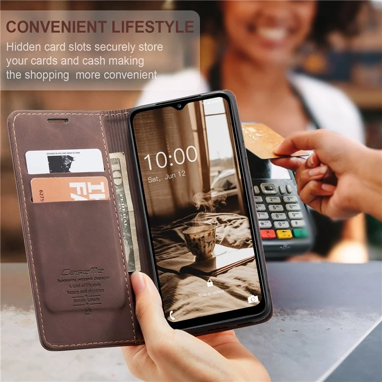 CASEME 013 Series Phone Shell for Samsung Galaxy A24 4G (162.1 x 77.6 x 8.3mm) PU Leather Case Wallet Stand Flip Cover - Coffee