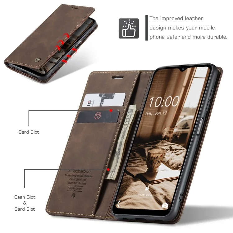 CASEME 013 Series Phone Shell for Samsung Galaxy A24 4G (162.1 x 77.6 x 8.3mm) PU Leather Case Wallet Stand Flip Cover - Coffee