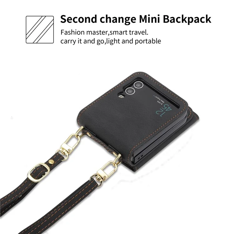 POLA Per Samsung Galaxy Z Flip3 5G Custodia in Pelle PU con Cerniera, Supporto Multiuso e Slot per Schede - Nero