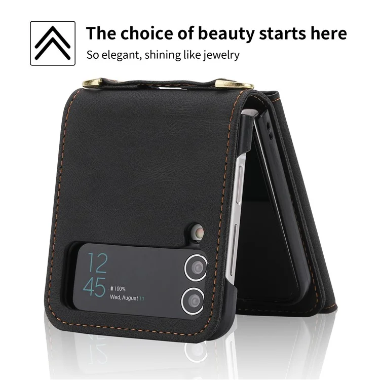 POLA Per Samsung Galaxy Z Flip3 5G Custodia in Pelle PU con Cerniera, Supporto Multiuso e Slot per Schede - Nero