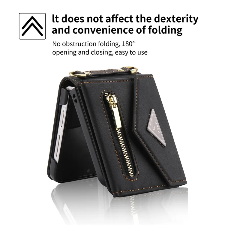 POLA Per Samsung Galaxy Z Flip3 5G Custodia in Pelle PU con Cerniera, Supporto Multiuso e Slot per Schede - Nero