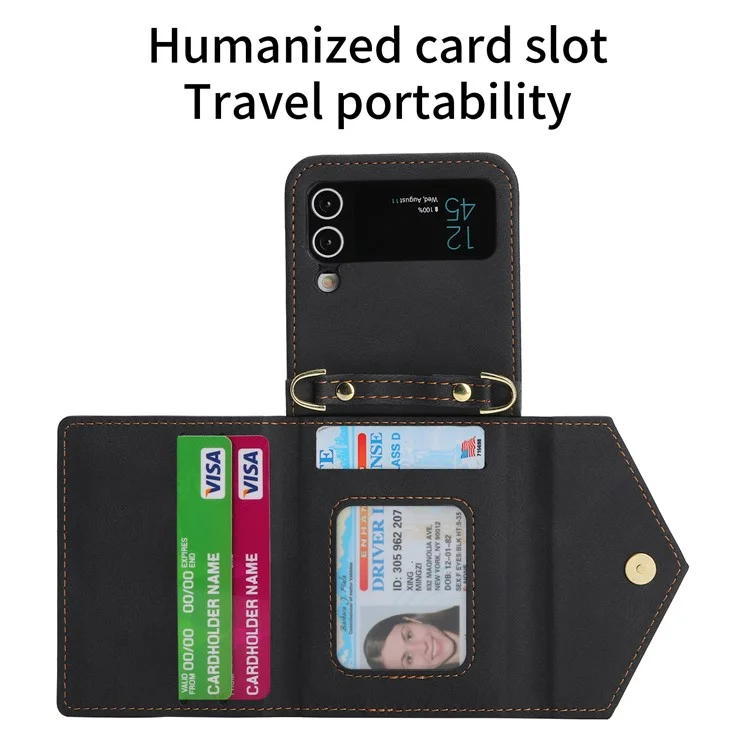 POLA Per Samsung Galaxy Z Flip3 5G Custodia in Pelle PU con Cerniera, Supporto Multiuso e Slot per Schede - Nero