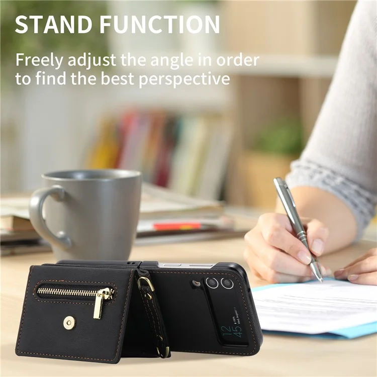 POLA Per Samsung Galaxy Z Flip3 5G Custodia in Pelle PU con Cerniera, Supporto Multiuso e Slot per Schede - Nero