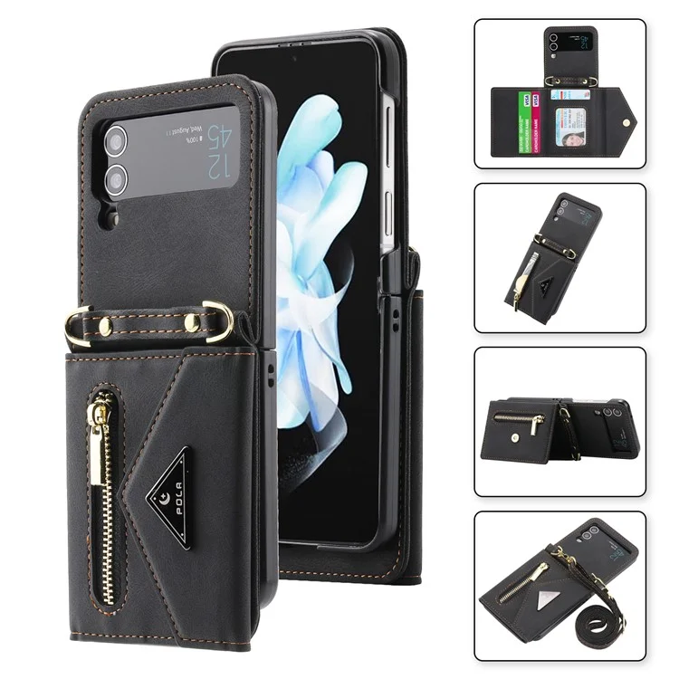 POLA Per Samsung Galaxy Z Flip4 5G Slot multipli per schede Tasca con zip Supporto per supporto in pelle PU Cover per telefono con tracolla - Nero