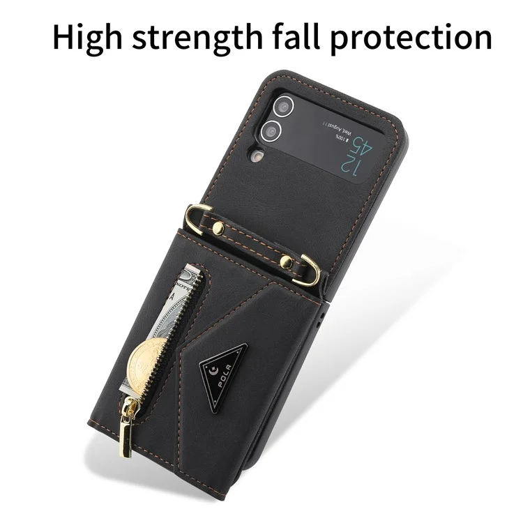 POLA Per Samsung Galaxy Z Flip4 5G Slot multipli per schede Tasca con zip Supporto per supporto in pelle PU Cover per telefono con tracolla - Nero
