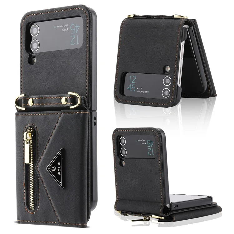 POLA Per Samsung Galaxy Z Flip4 5G Slot multipli per schede Tasca con zip Supporto per supporto in pelle PU Cover per telefono con tracolla - Nero