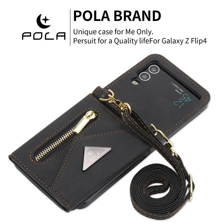 POLA Per Samsung Galaxy Z Flip4 5G Slot multipli per schede Tasca con zip Supporto per supporto in pelle PU Cover per telefono con tracolla - Nero