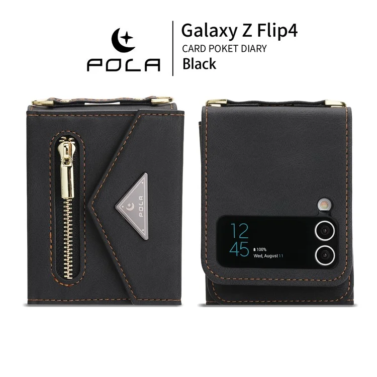 POLA Per Samsung Galaxy Z Flip4 5G Slot multipli per schede Tasca con zip Supporto per supporto in pelle PU Cover per telefono con tracolla - Nero