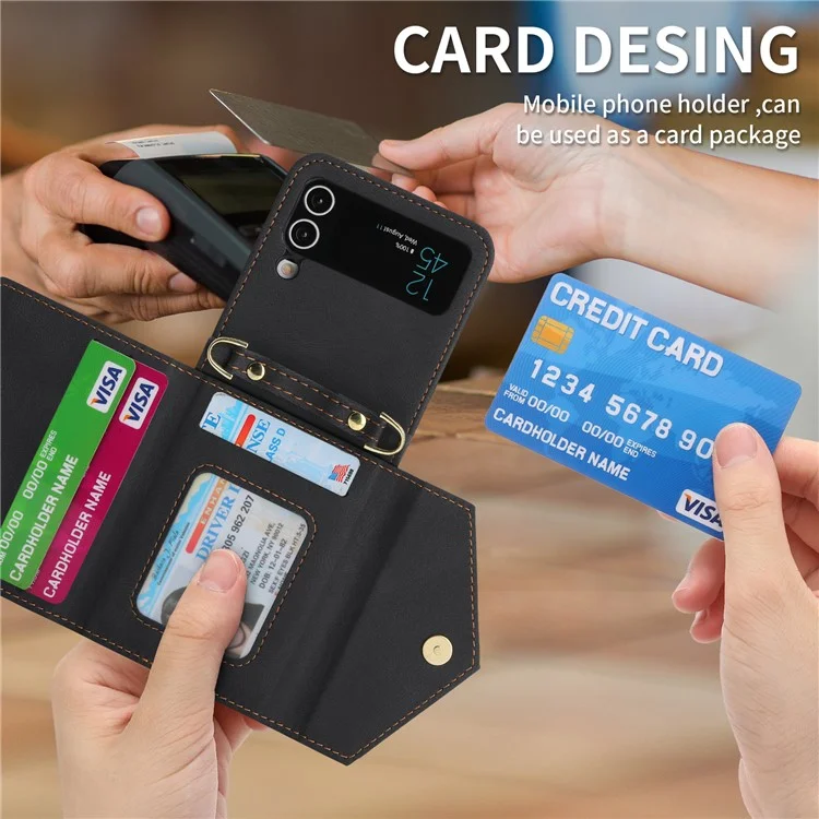 POLA Per Samsung Galaxy Z Flip4 5G Slot multipli per schede Tasca con zip Supporto per supporto in pelle PU Cover per telefono con tracolla - Nero