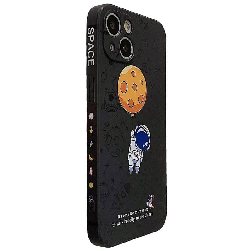 For iPhone 14 Plus Precise Cutout Anti-drop Phone Case Moon Astronaut Pattern TPU Back Cover - Black