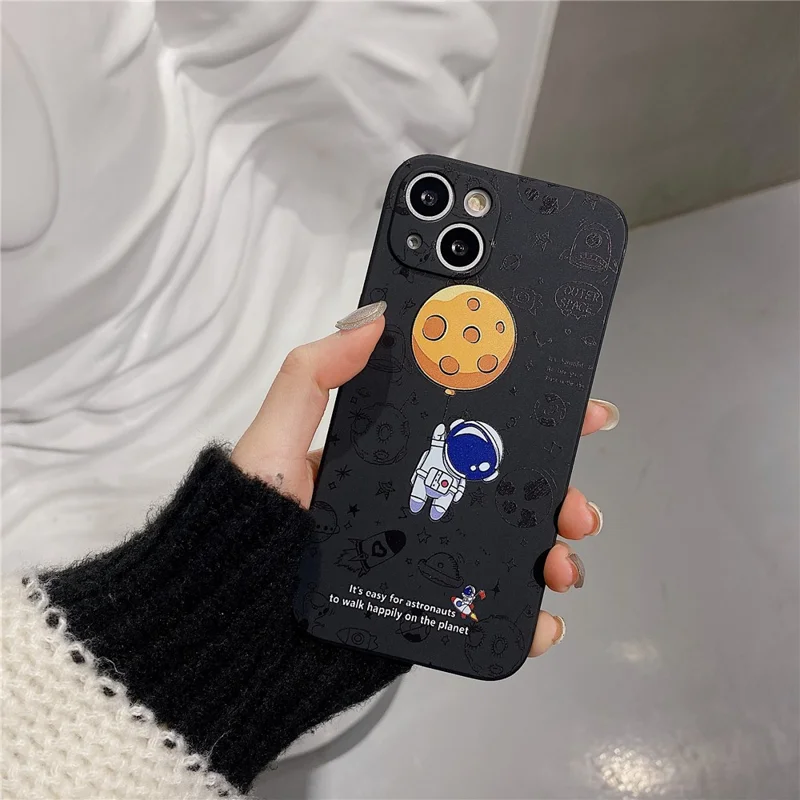 For iPhone 14 Plus Precise Cutout Anti-drop Phone Case Moon Astronaut Pattern TPU Back Cover - Black
