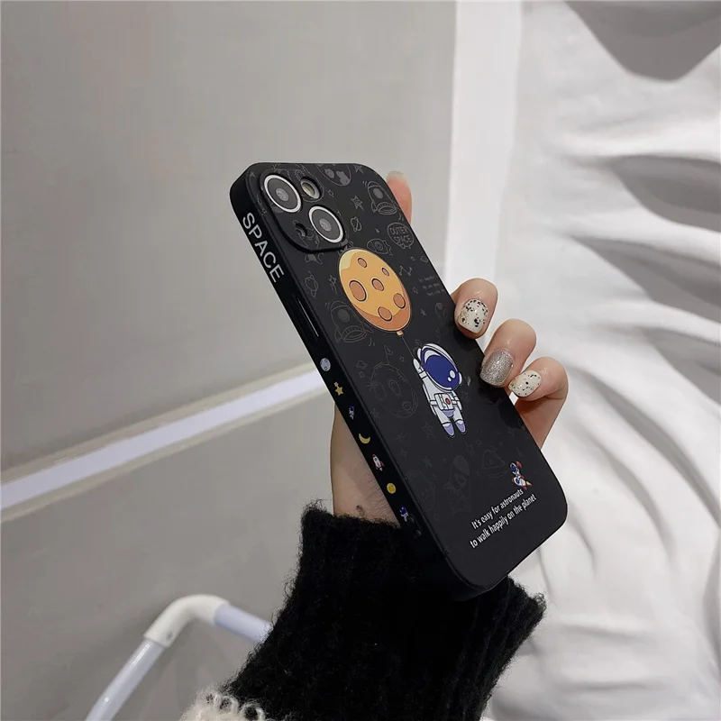 For iPhone 14 Plus Precise Cutout Anti-drop Phone Case Moon Astronaut Pattern TPU Back Cover - Black