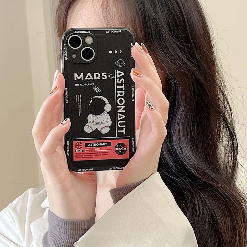 For iPhone 14 Plus Soft TPU Phone Case Precise Cutout Mars Astronaut Pattern Shockproof Cover - Black