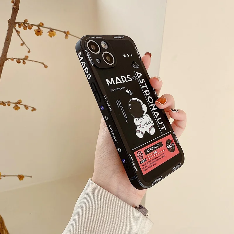 For iPhone 14 Plus Soft TPU Phone Case Precise Cutout Mars Astronaut Pattern Shockproof Cover - Black