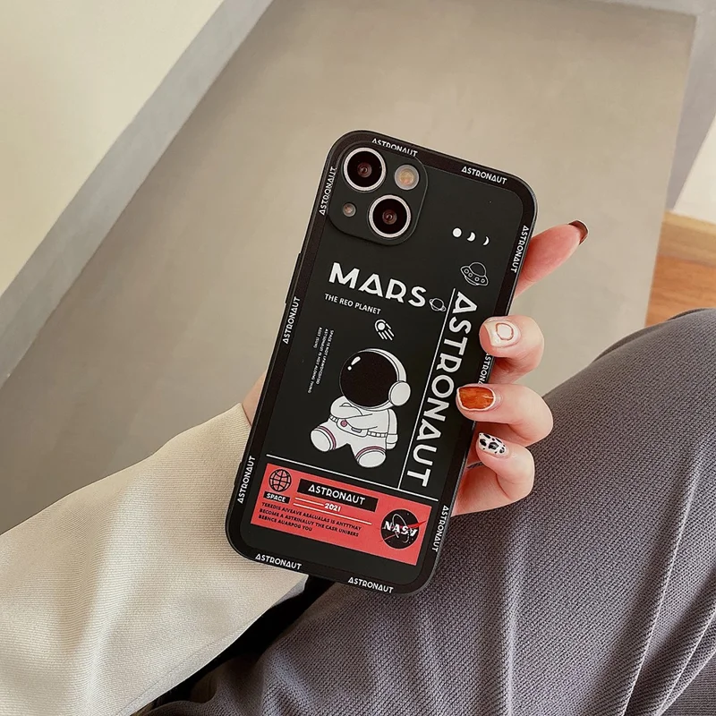 For iPhone 14 Plus Soft TPU Phone Case Precise Cutout Mars Astronaut Pattern Shockproof Cover - Black