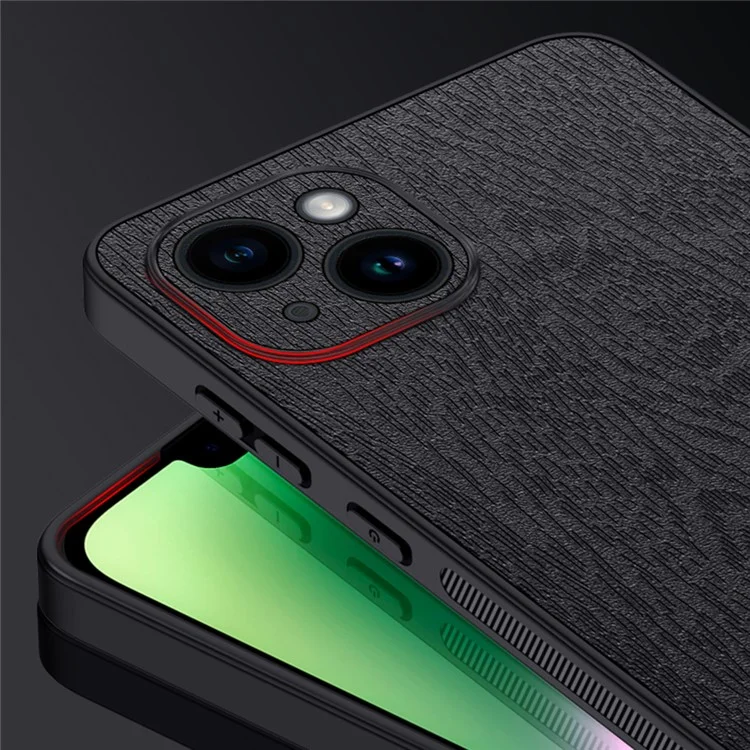Funda de teléfono de grano de madera para iPhone 14 Funda de cuero de PU con cubierta de PC y TPU con protector de lente de cámara - Gris