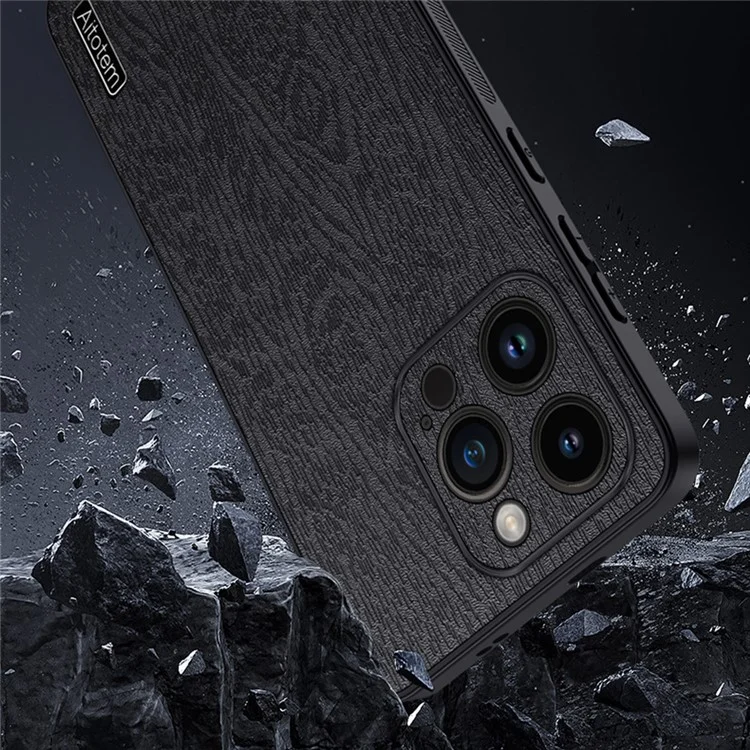 Wood Grain Slim Case for iPhone 14 Pro PU Leather PC TPU Phone Cover with Camera Lens Protector - Black