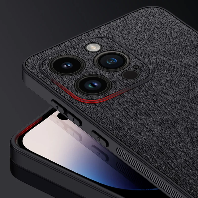 Wood Grain Slim Case for iPhone 14 Pro PU Leather PC TPU Phone Cover with Camera Lens Protector - Black