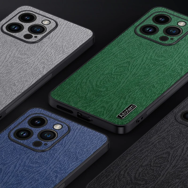 Wood Grain Slim Case for iPhone 14 Pro PU Leather PC TPU Phone Cover with Camera Lens Protector - Black