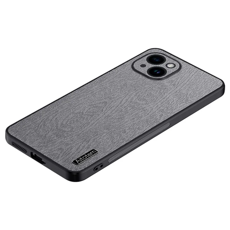 Funda de teléfono con textura de madera para iPhone 14 Plus, de cuero PU, PC y TPU, con protección envolvente para la cámara - Gris