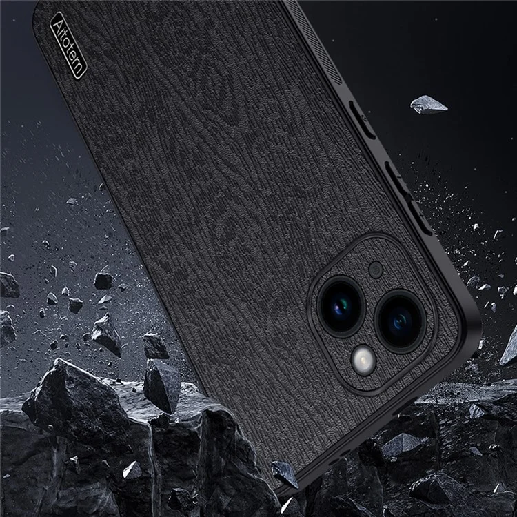 Funda de teléfono con textura de madera para iPhone 14 Plus, de cuero PU, PC y TPU, con protección envolvente para la cámara - Gris