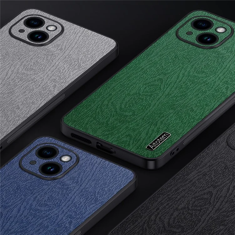 Funda de teléfono con textura de madera para iPhone 14 Plus, de cuero PU, PC y TPU, con protección envolvente para la cámara - Gris