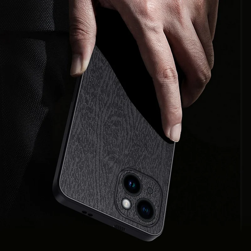 For iPhone 14 Plus Wood Grain Phone Cover PU Leather+PC+TPU Case with All-wrapped Camera Protection - Blue