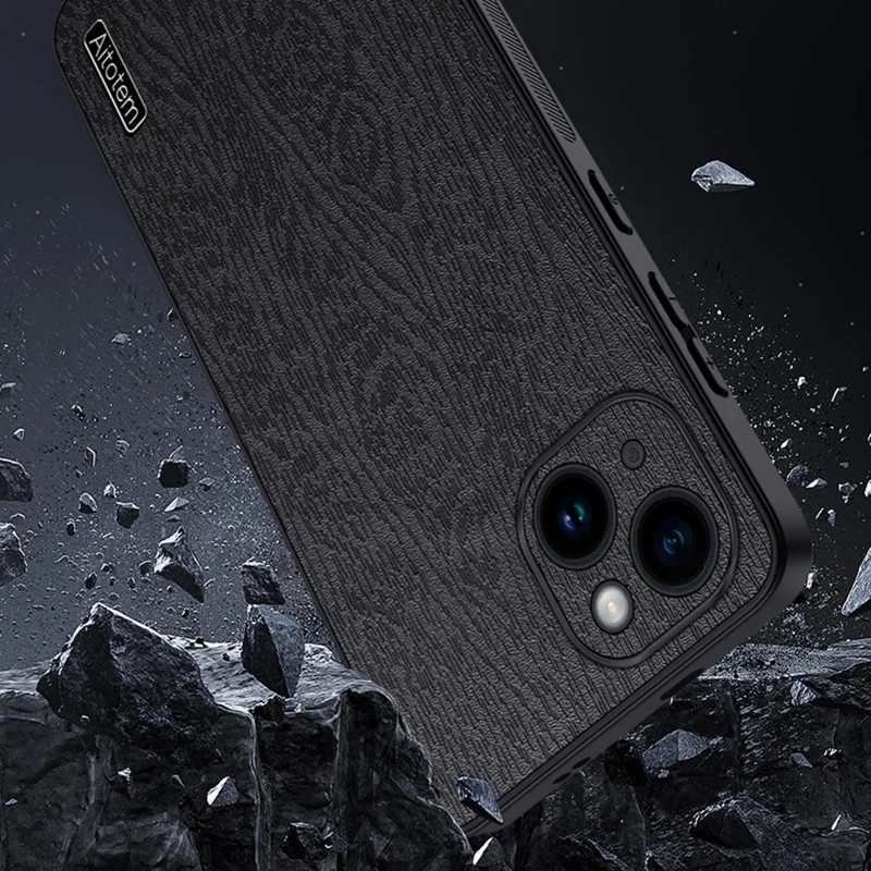 For iPhone 14 Plus Wood Grain Phone Cover PU Leather+PC+TPU Case with All-wrapped Camera Protection - Blue