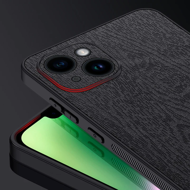 For iPhone 14 Plus Wood Grain Phone Cover PU Leather+PC+TPU Case with All-wrapped Camera Protection - Blue