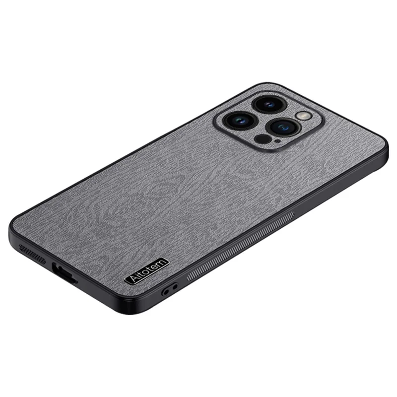 For iPhone 13 Pro 6.1 inch Anti-Scratch Wood Grain Phone Cover PU Leather+PC+TPU Case with All-wrapped Camera Protection - Grey