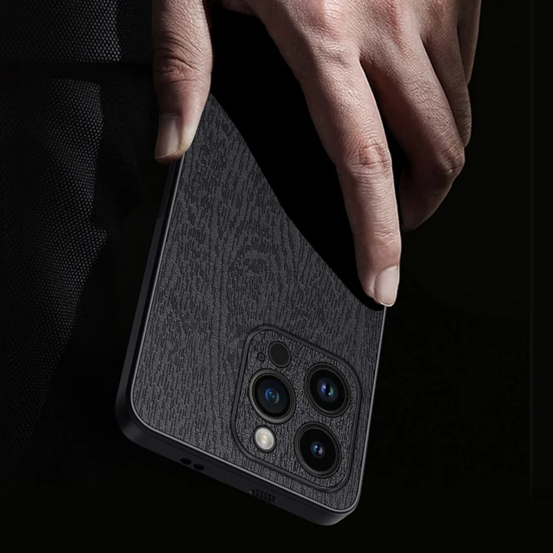 For iPhone 13 Pro 6.1 inch Anti-Scratch Wood Grain Phone Cover PU Leather+PC+TPU Case with All-wrapped Camera Protection - Grey