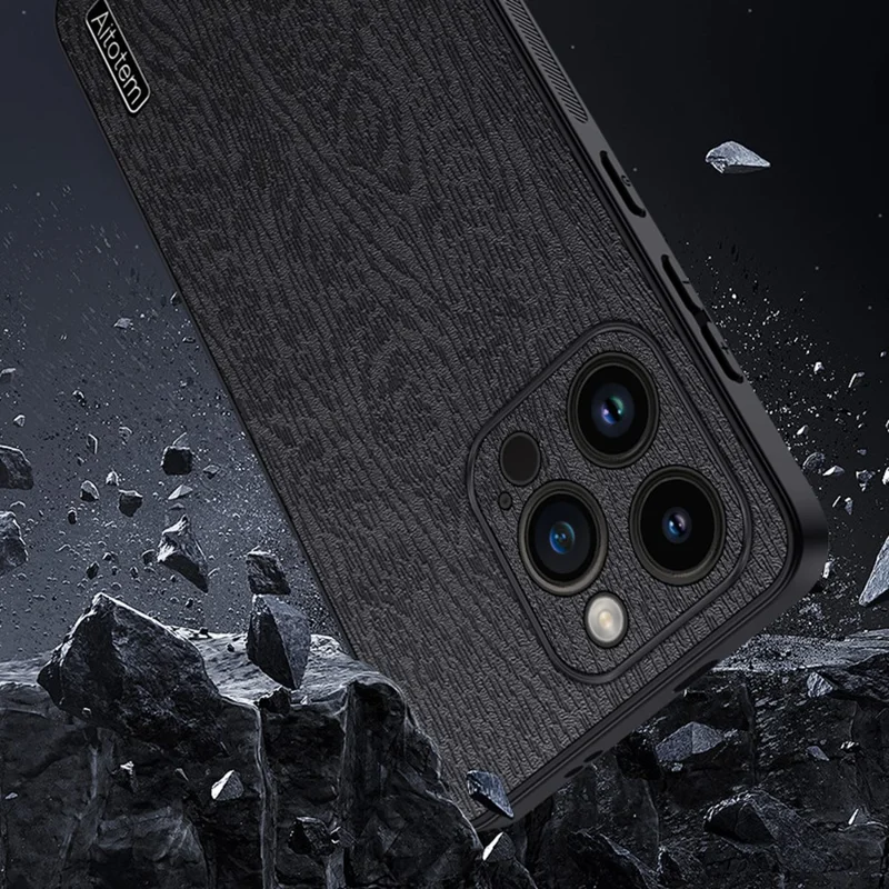 For iPhone 13 Pro 6.1 inch Anti-Scratch Wood Grain Phone Cover PU Leather+PC+TPU Case with All-wrapped Camera Protection - Grey