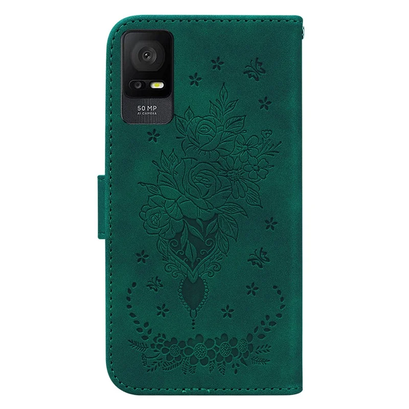 For TCL 408 Leather Phone Case Stand Wallet Rose Butterfly Imprinted Cell Phone Cover - Green