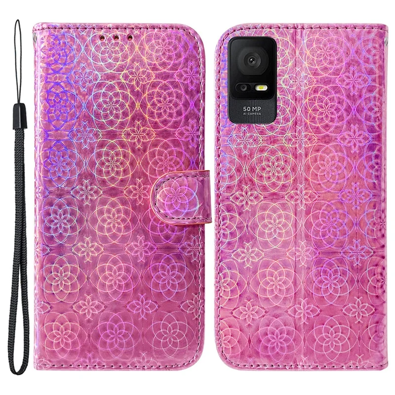 For TCL 408 Dazzling Flower Pattern PU Leather Wallet Shockproof Flip Stand Phone Case - Pink