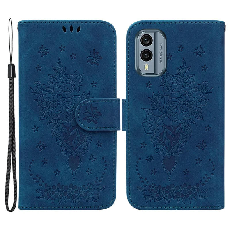 Para Nokia X30 5G Leather Wallet Phone Case Rose Butterfly Imprinted Cell Phone Stand Cover - Azul