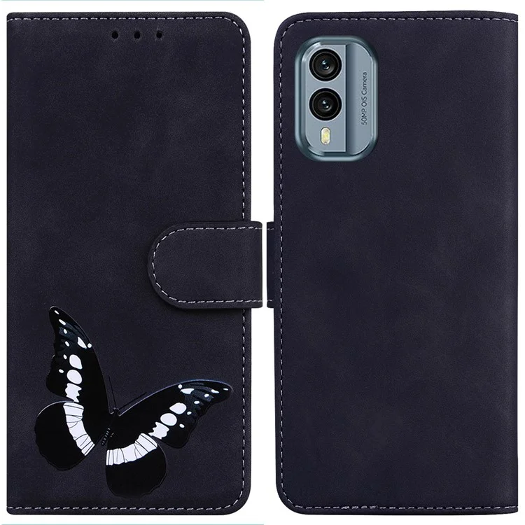 For Nokia X30 5G Butterfly Printing PU Leather Wallet Cover Shockproof Phone Stand Case - Black