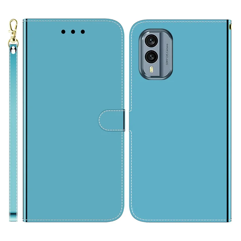 For Nokia X30 5G Mirror-Like Surface Anti-drop Stand Cover Leather Wallet Phone Case with Strap - Blue