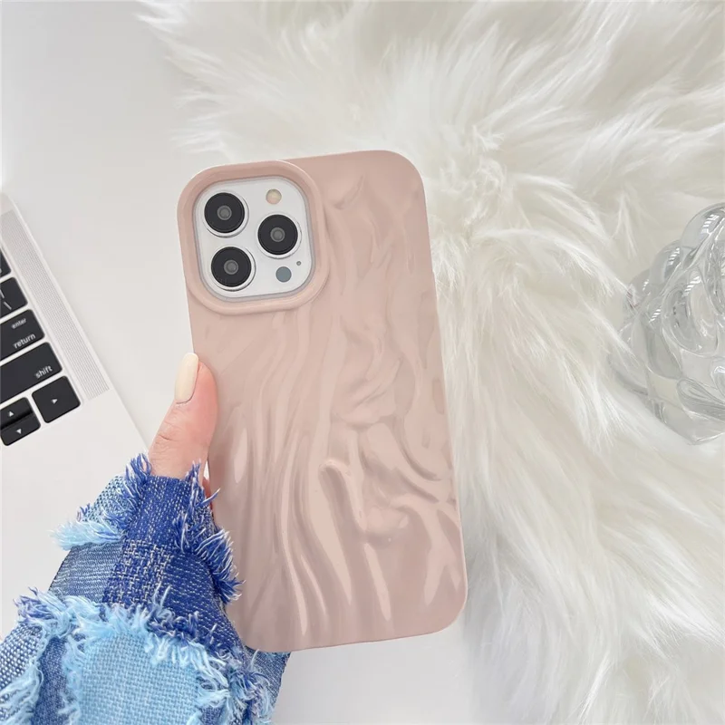 For iPhone 13 Pro Max 6.7 inch Shockproof Pleat Design Glossy Phone Case Soft TPU Back Cover - Pink