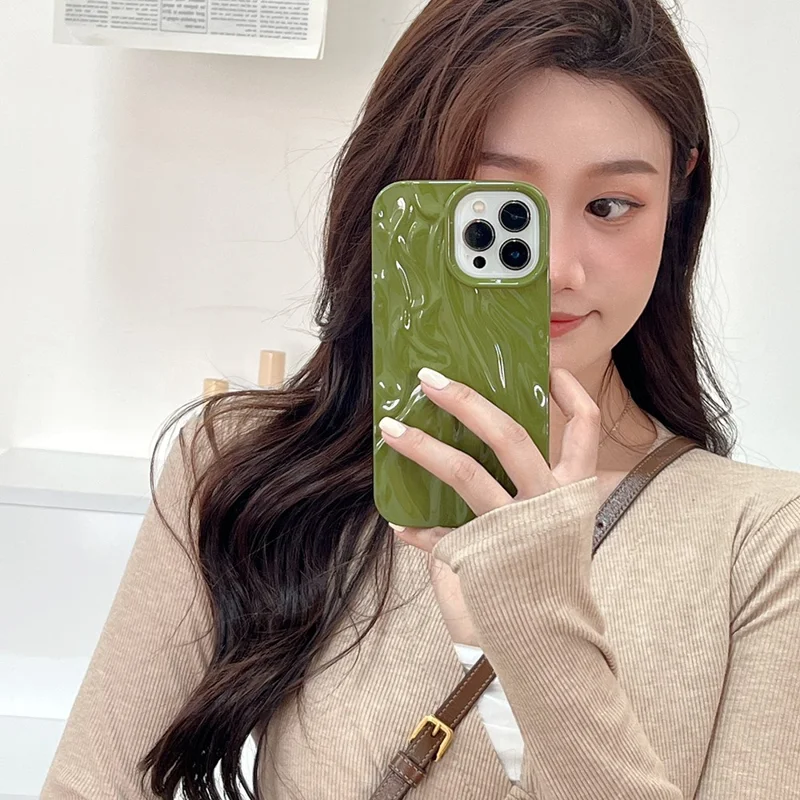 For iPhone 13 Pro Max 6.7 inch Shockproof Pleat Design Glossy Phone Case Soft TPU Back Cover - Pink