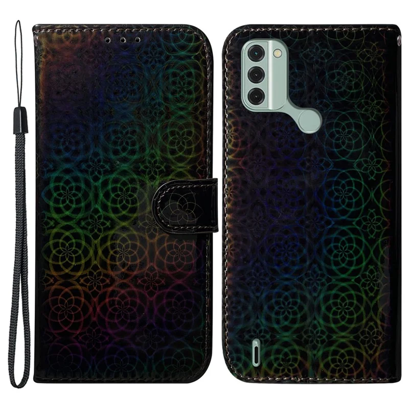 Para Nokia C31 4G PU Leather Wallet Phone Case Dazzling Flower Pattern Flip Stand Shockproof Shell - Preto