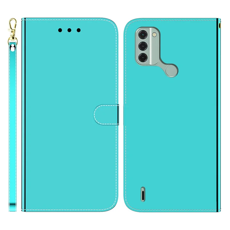 For Nokia C31 4G Leather Wallet Stand Cover Mirror-Like Surface Phone Case with Strap - Cyan